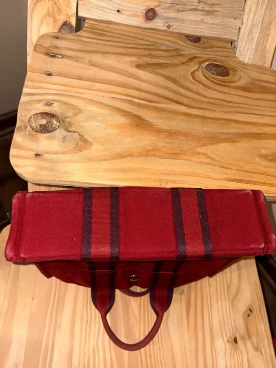 Hermes Fourre Tout PM Red Canvas Tote with Dark Stripe Handles EUC Vintage - Picture 11 of 13